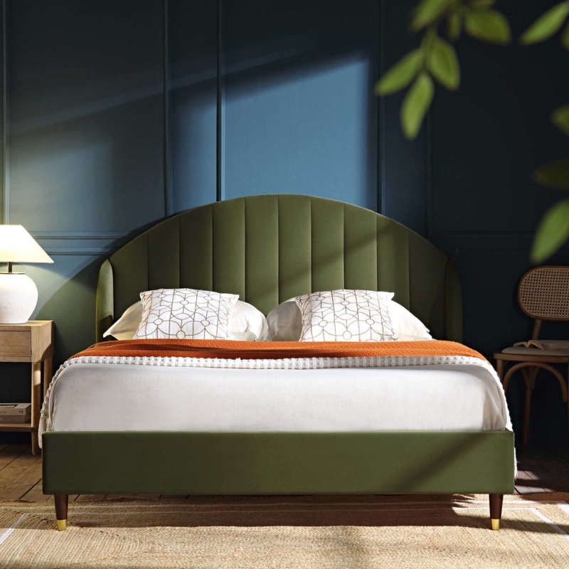 Moss Green Velvet Upholstered Bed with Domed Headboard