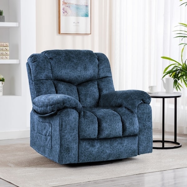 Mottled Blue Swivel Rocker Recliner Chair with Integrated Side Pocket