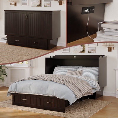 Murphy Bed Chest Espresso Finish Built-In Charger Storage Drawers