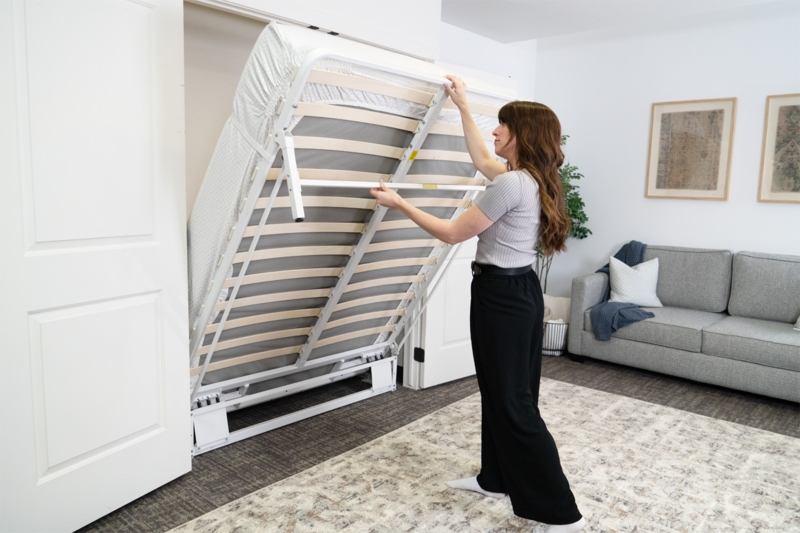 Murphy Bed, Closet Integrated White Metal Frame, Slatted Base.