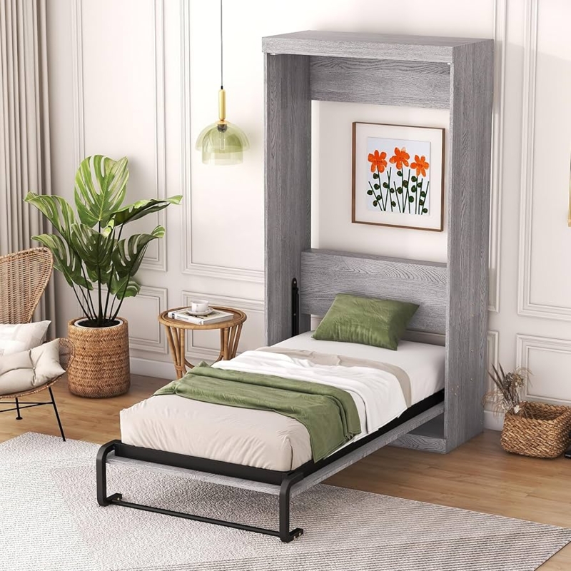 Murphy Bed, Grey Wood Grain Cabinet Design, Metal Frame.
