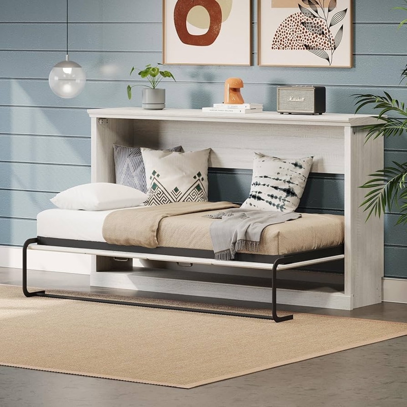 Murphy Bed Horizontal Cabinet Whitewashed Finish Space Saving