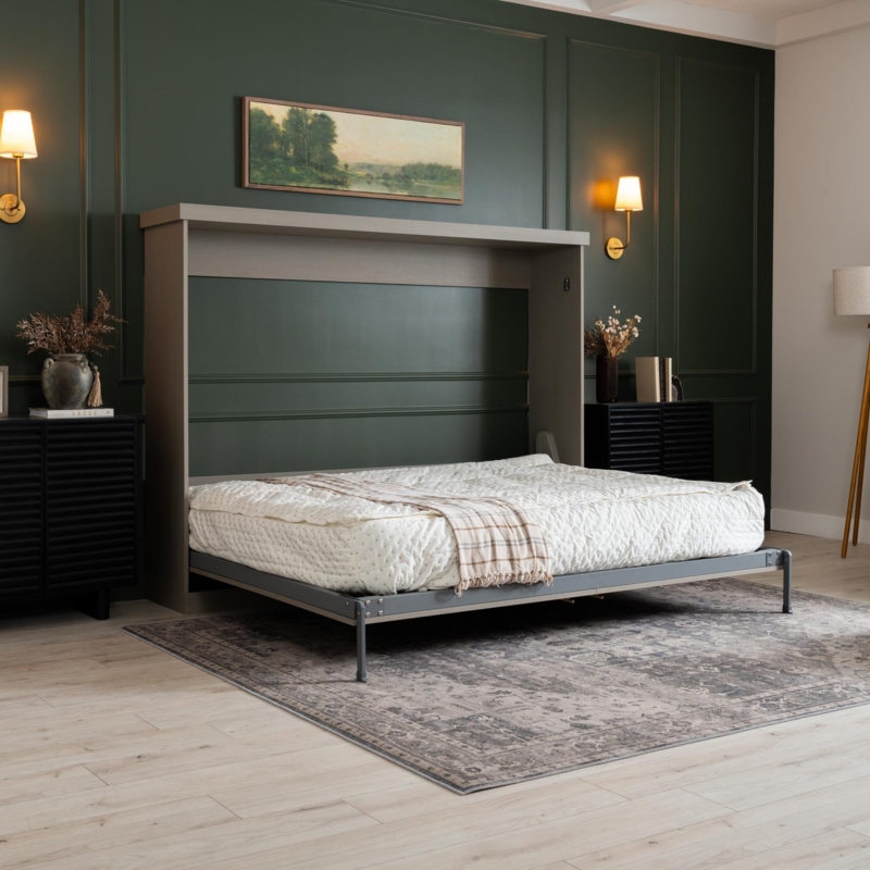Murphy Bed, Horizontal Orientation, Clay Grey Finish Cabinet.