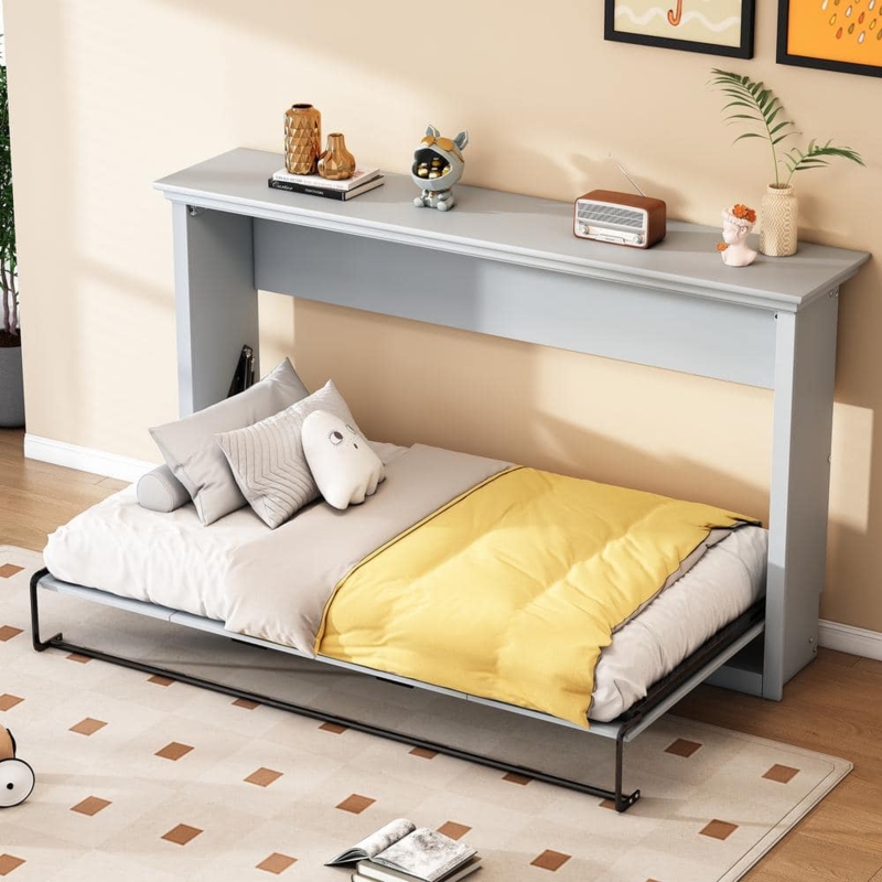 Murphy Bed, Light Gray Wood Frame, Integrated Shelf, Folding Wall Bed.