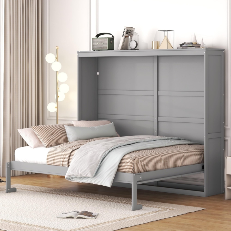 Murphy Bed, Matte Gray Cabinet, Integrated Top Shelf, Queen Size.