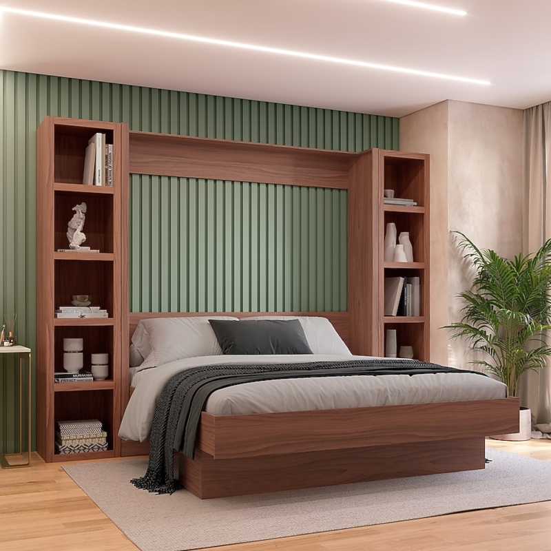 Murphy Bed, Modern Wood Wall System with Integrated Bookshelves