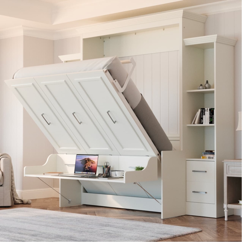 Murphy Bed Queen with Integrated Desk and Side Storage Unit White