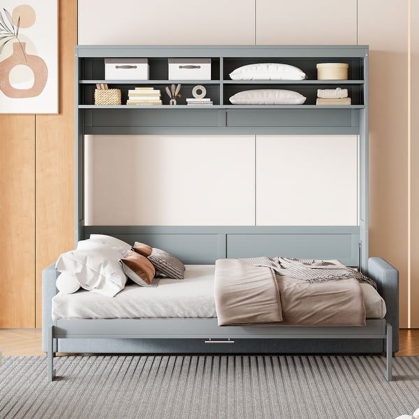Murphy Bed, Sofa Combination, Matte Grey Finish, Integrated Shelving.