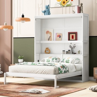 Murphy Bed White Integrated Shelving Fold Down Frame Space Saving