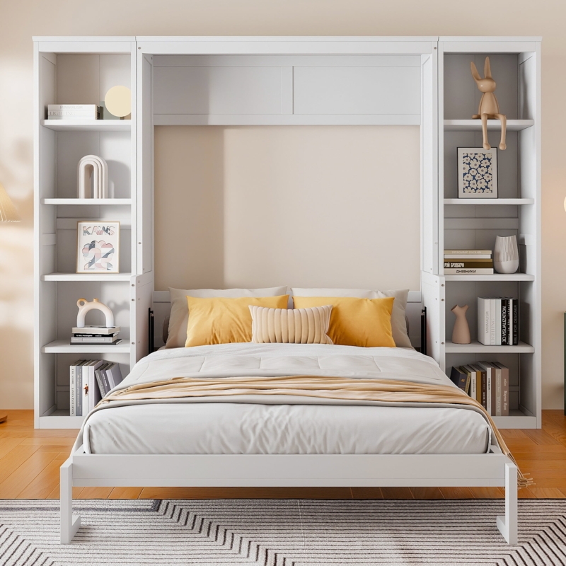 Murphy Bed White Symmetrical Design with Integrated Shelving