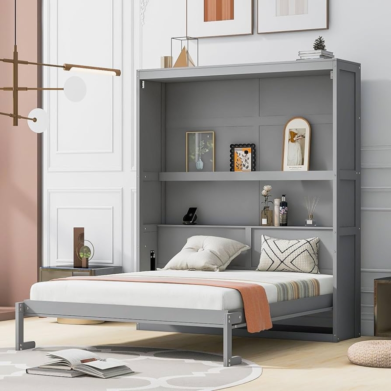 Murphy Bed with Built-In Shelving and Matte Finish Wall Cabinet