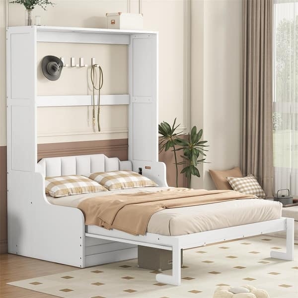 Murphy Bed with Integrated Sofa, White Finish and Channel Tufting