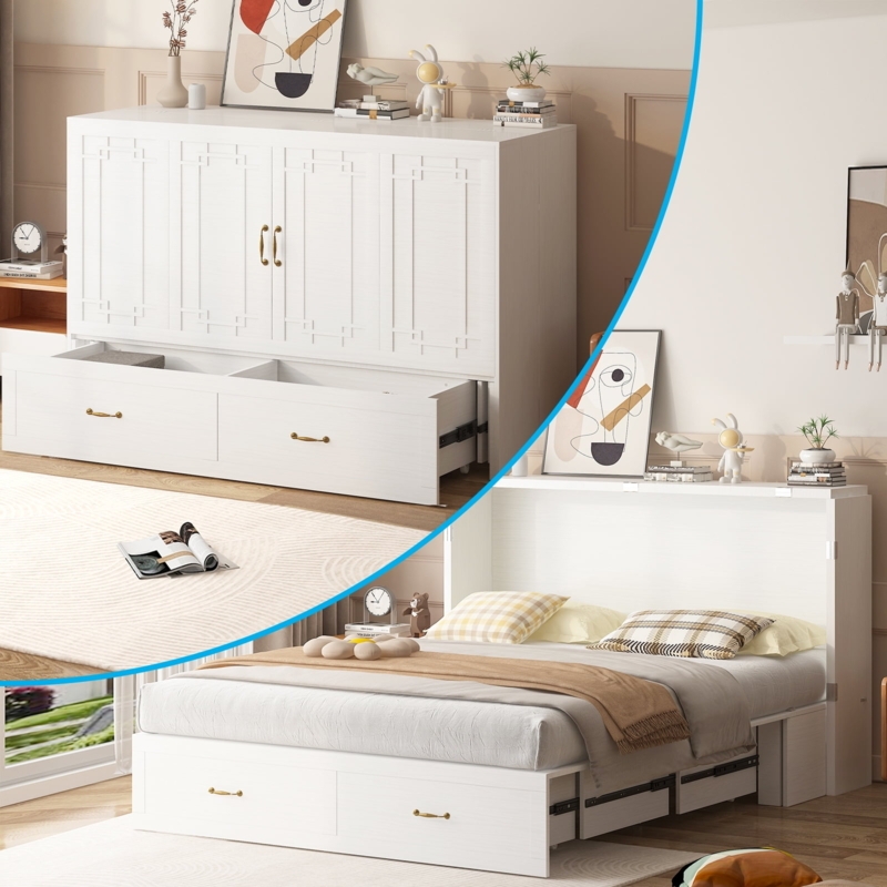 Murphy Cabinet Bed with Gold Hardware and Under Storage Drawers