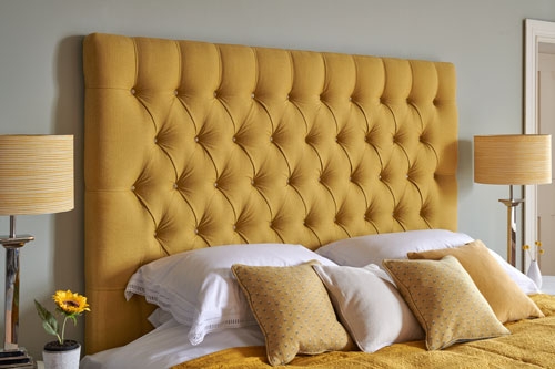 Mustard Tufted Headboard Tall Diamond Pattern Fabric Traditional