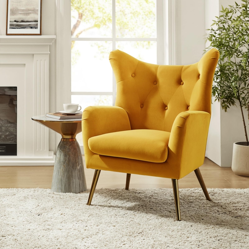 Mustard Velvet Accent Chair Wingback Button Tufted Gold Legs