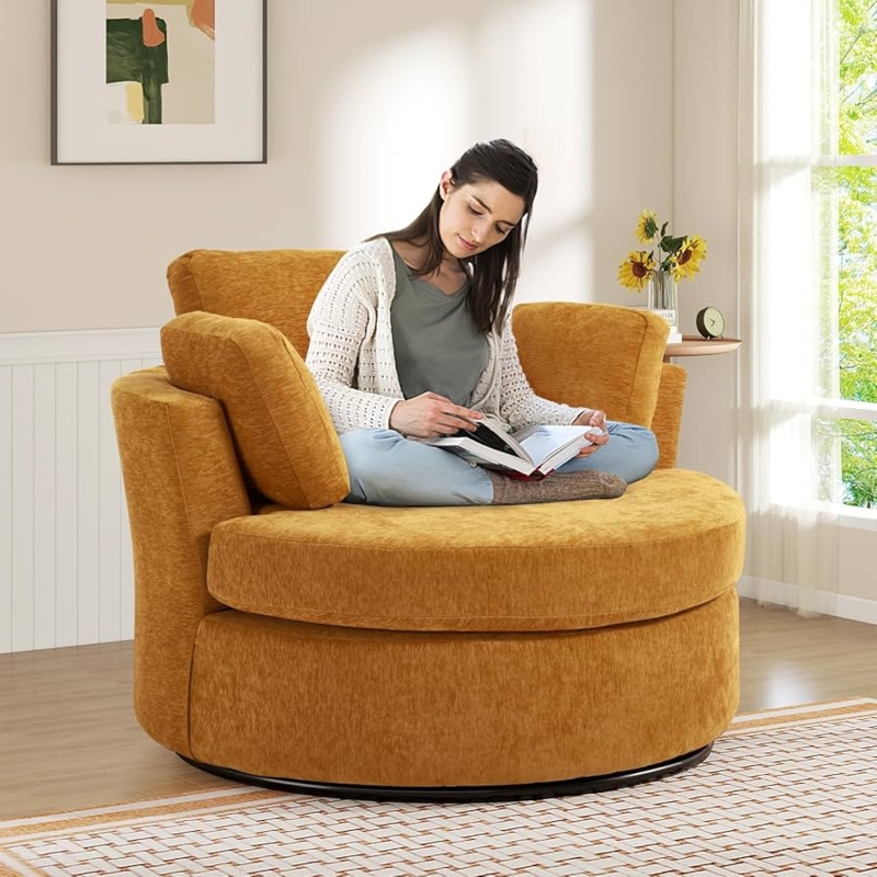Mustard Yellow Chenille Swivel Barrel Chair with Oversized Seat