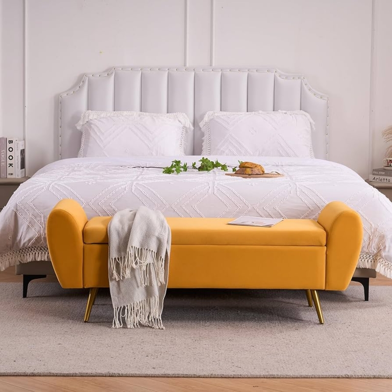Mustard Yellow Velvet Storage Bench with Gold Tapered Legs