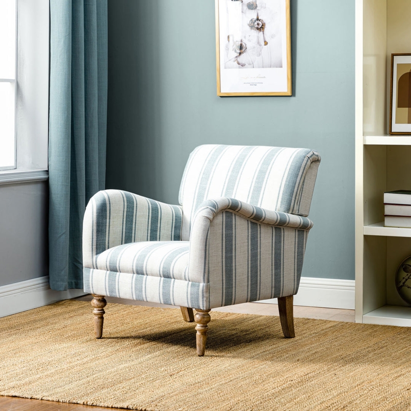 Muted Blue Striped Accent Chair with Turned Wood Legs