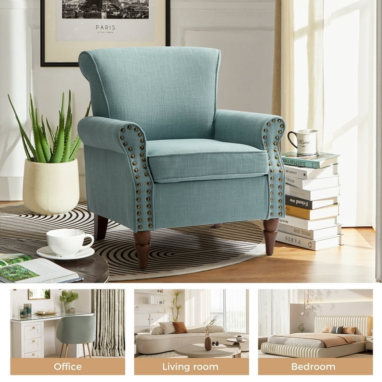 Muted Blue Upholstered Wingback Chair with Nailhead Trim