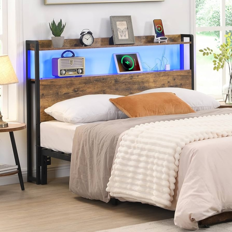 - MWrouqfur Full Headboard with Storage, Free Standing Headboard  with LED Lights & Outlets, Adjustable Height, Rustic Brown (Full)