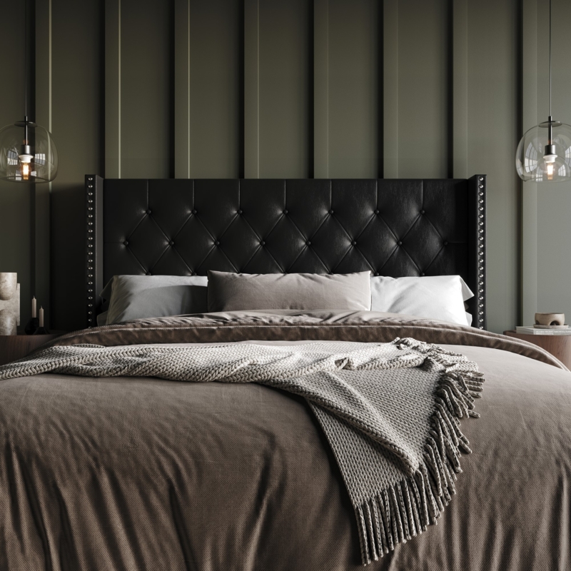 Nailhead Trim Headboard Black Faux Leather Diamond Tufted Industrial Luxe