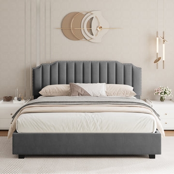 Nailhead Trim Upholstered Bed, Charcoal Gray Velvet, Channel Tufted