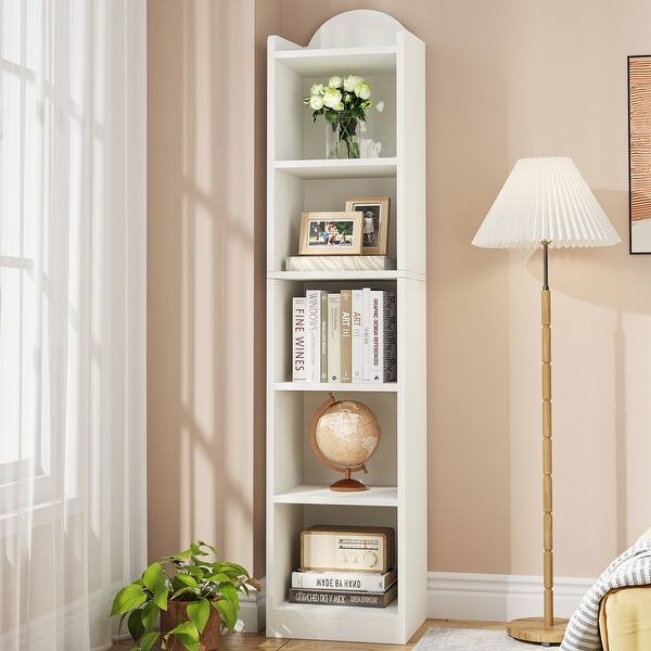Narrow Arched Top Bookcase 5 Tier Transitional Style