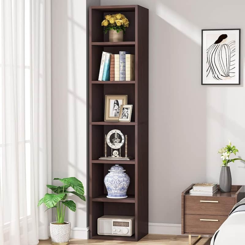Narrow Bookcase Dark Espresso Finish 6 Tier Cubby Shelving