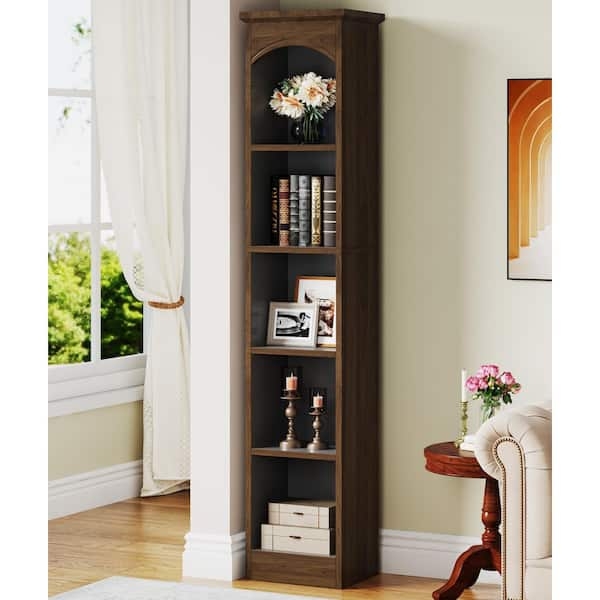 Narrow Bookcase Walnut Brown Arched Top 5 Shelf Transitional Design