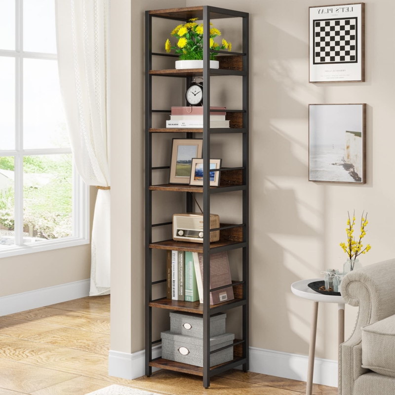 Narrow Bookshelf 6 Tier Industrial Rustic Metal And Wood Shelves