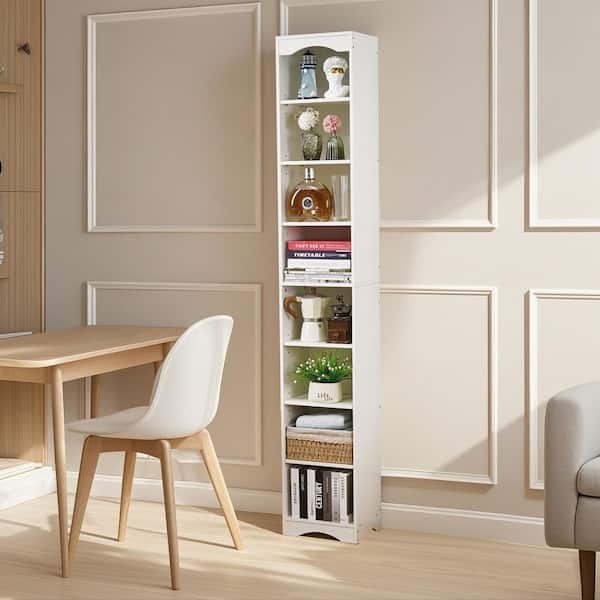 Narrow Bookshelf Arch Top Matte White Eight Tier Slim Vertical Storage