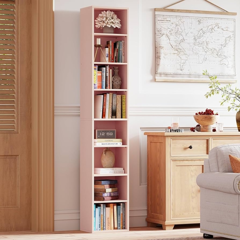 Narrow Bookshelf Blush Pink 8 Tier Tall Slim Profile