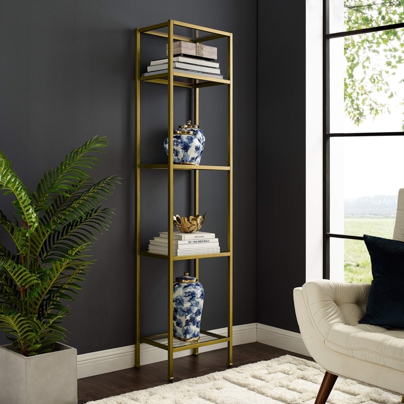 Narrow Etagere Bookcase in Gold-Toned Metal with Five Glass Tiers