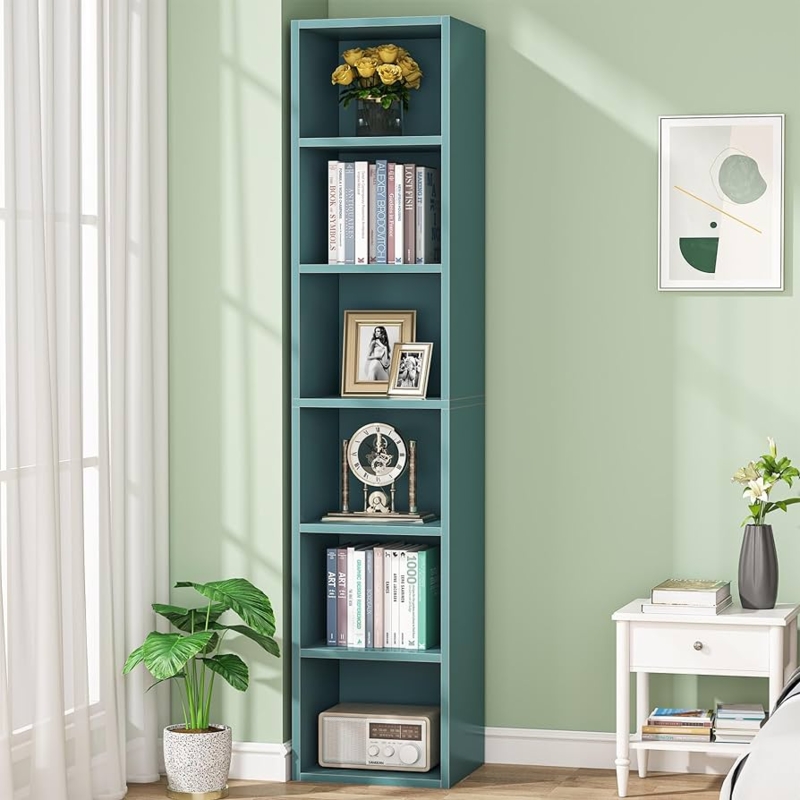 Narrow Teal Bookcase 6 Tier Slim Silhouette Matte Finish