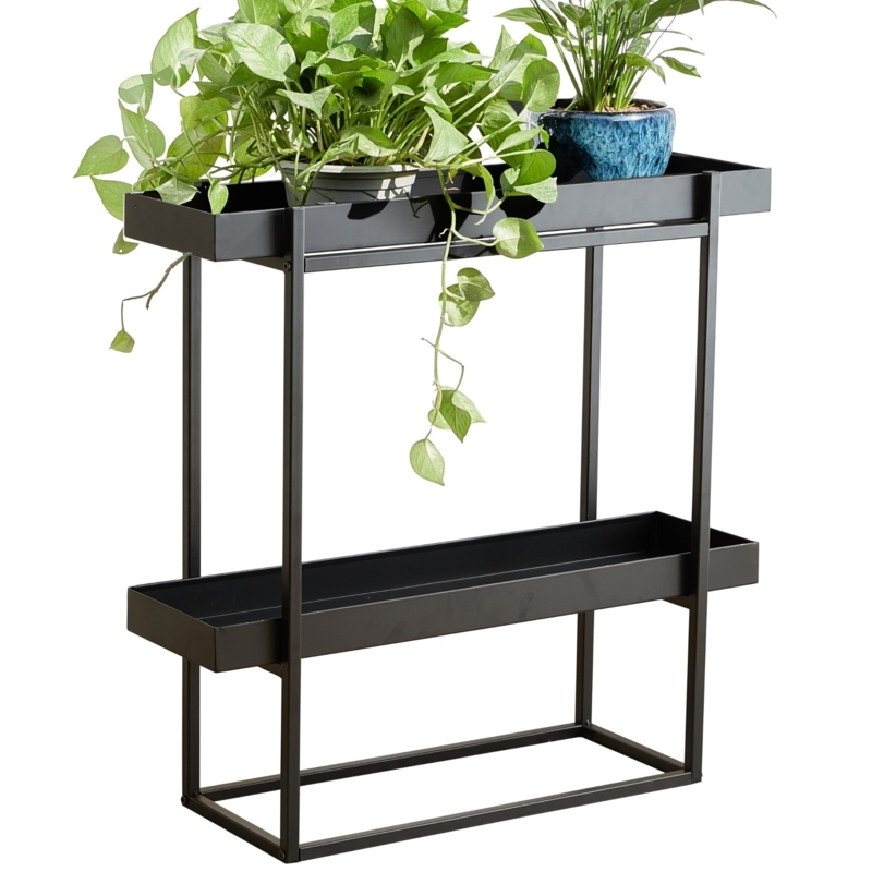 Narrow Tiered Plant Rack Tray Shelves Matte Black Open Frame Design