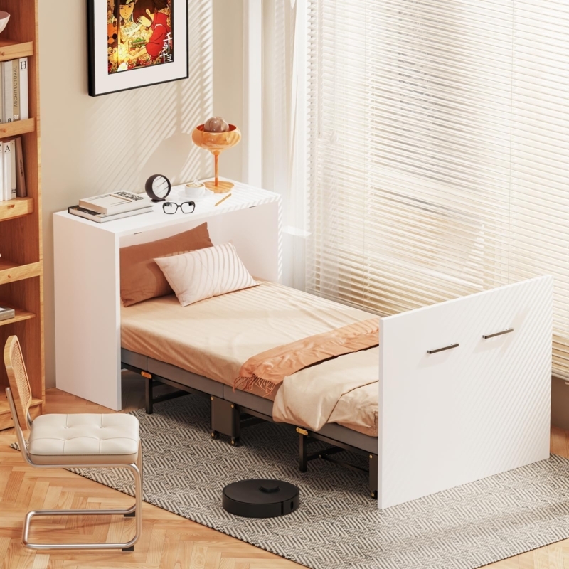 Narrow Twin Murphy Bed White Cabinet with Folding Metal Frame