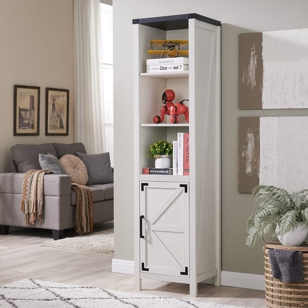Narrow White Barn Door Bookcase with Black Hardware X-Brace Detail