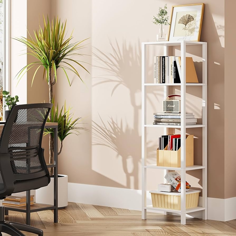 Narrow White Bookcase Metal Open Etagere Five Tier Tall Bookshelf