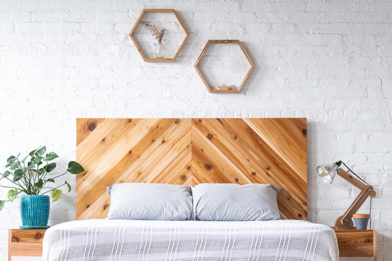 Natural Chevron Wood Headboard with Honey Tone Plank Design