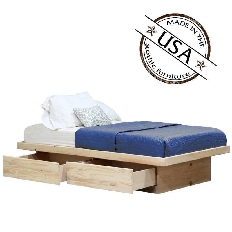 Natural Pine Storage Bed with Wide Platform Ledge and Two Drawers