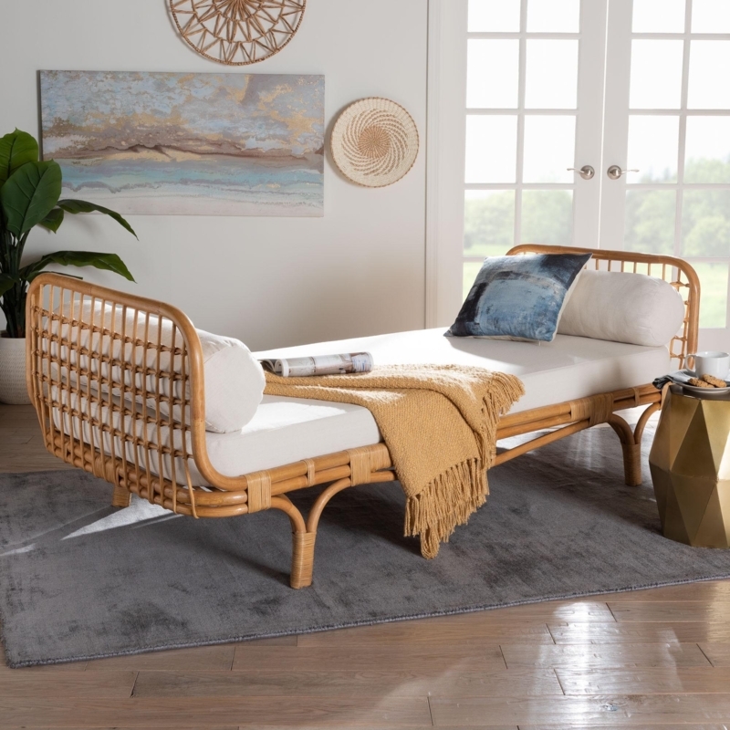 Natural Rattan Daybed Curved Open Back Frame Boho Style Lounge