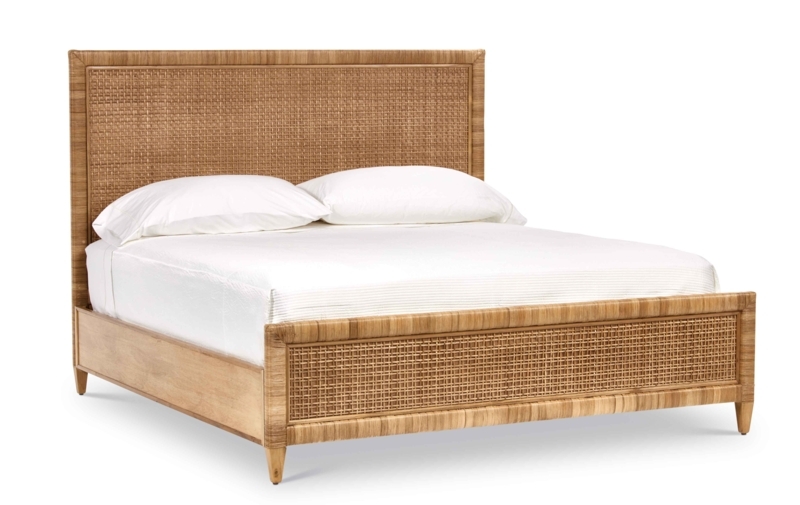 Natural Wood Bed Frame Woven Cane Panels Tapered Legs Coastal Style