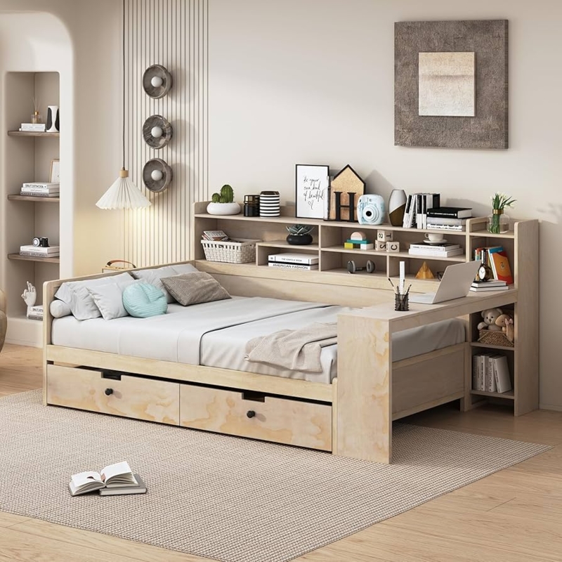 Natural Wood Daybed, Integrated Desk, Wrap-Around Shelving