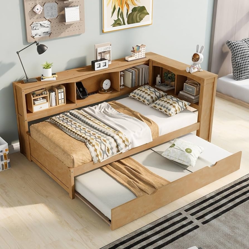 Natural Wood L-Shaped Daybed with Trundle and USB Ports