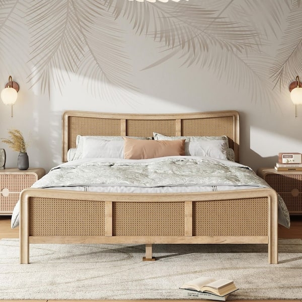 Natural Wood Platform Bed with Curved Rattan Headboard