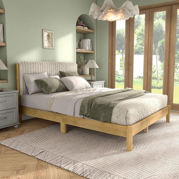 Natural Wood Platform Bed with Ribbed Upholstered Headboard