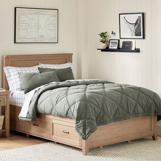 Natural Wood Storage Bed Panel Headboard Dark Metal Drawer Pulls