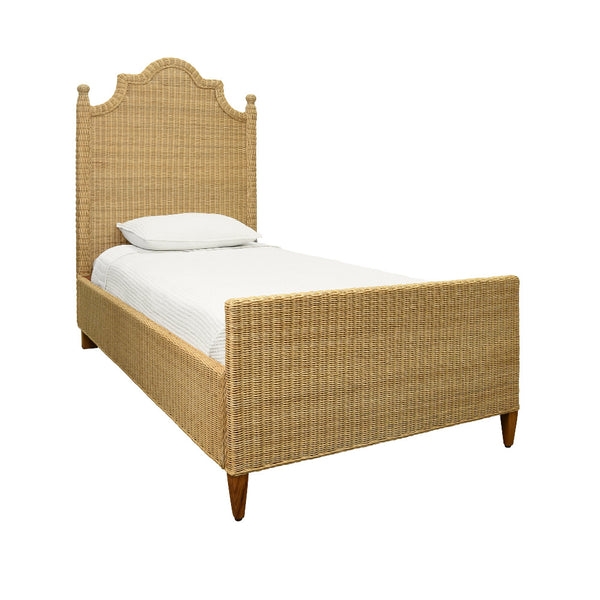 Natural Woven Rattan Twin Bed, Arched Headboard with Finials.