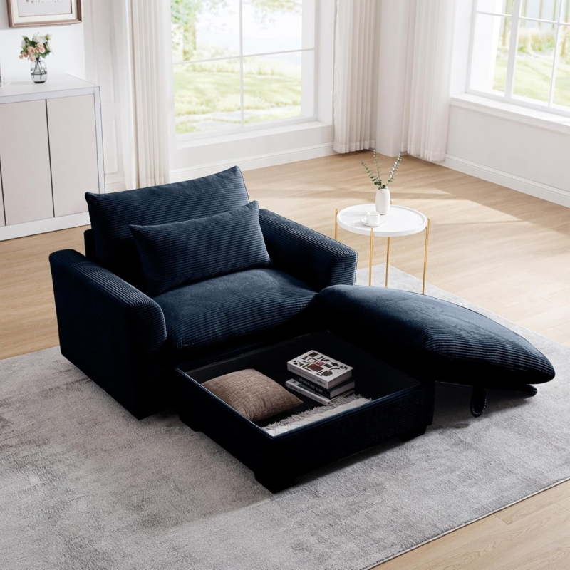 Navy Accent Chair With Storage Ottoman In Corduroy