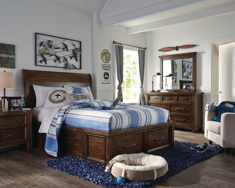 Navy and Dark Wood Sleigh Bed with Integrated Base Storage Drawers